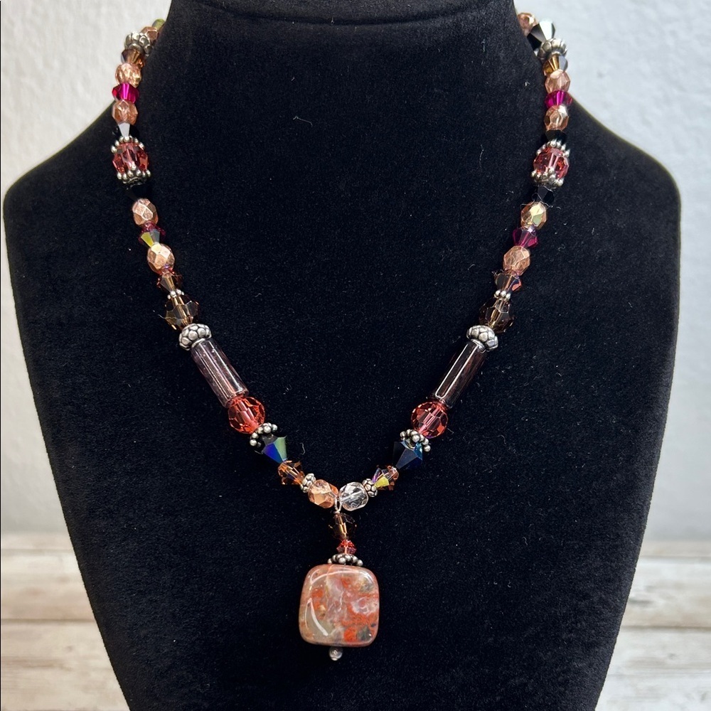 925 Multicolor Crystal Beaded Necklace with African Bloodstone Pendant
